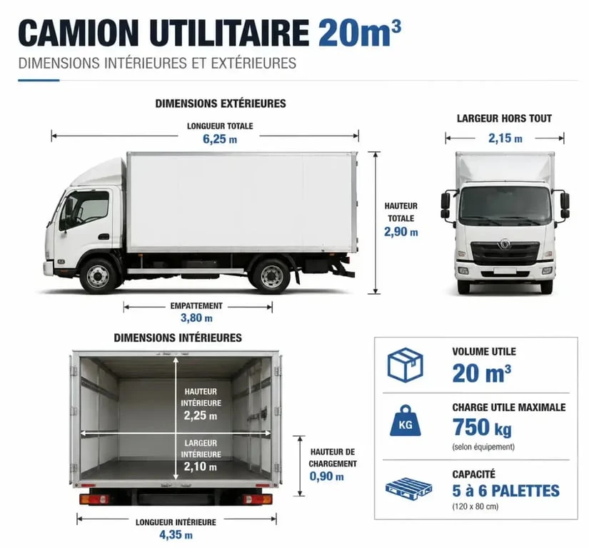 Infographie des dimensions et capacités d'un utilitaire de 20 m3 pour déménagement