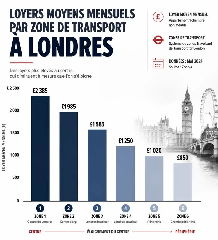 Graphique comparatif des loyers à Londres par zone de transport pour aider à estimer son budget logement.