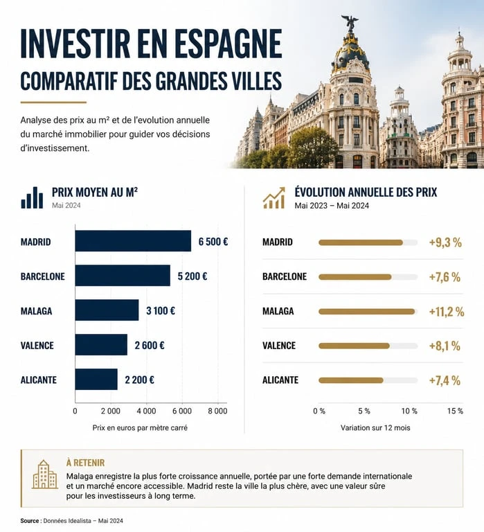 Infographie comparative des opportunités pour investir en immobilier en Espagne par ville