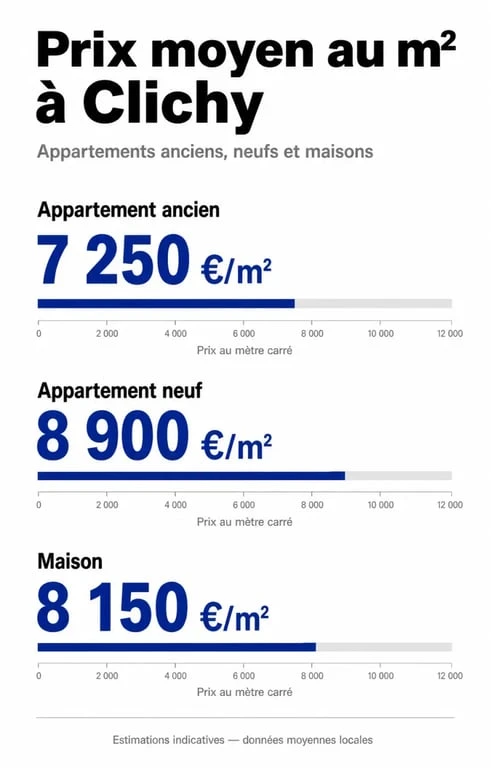 Graphique des prix immobiliers au mètre carré à Clichy par type de bien