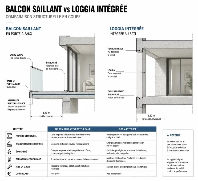 Schéma comparatif entre un balcon saillant et une loggia en copropriété