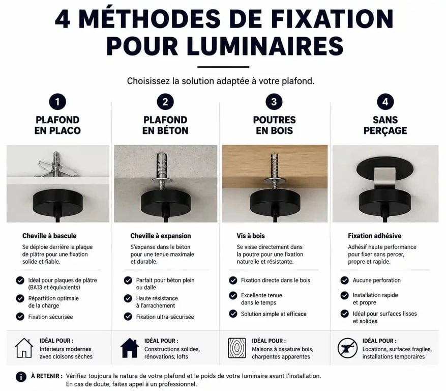 Infographie des méthodes de fixation pour installer un luminaire au plafond selon le matériau