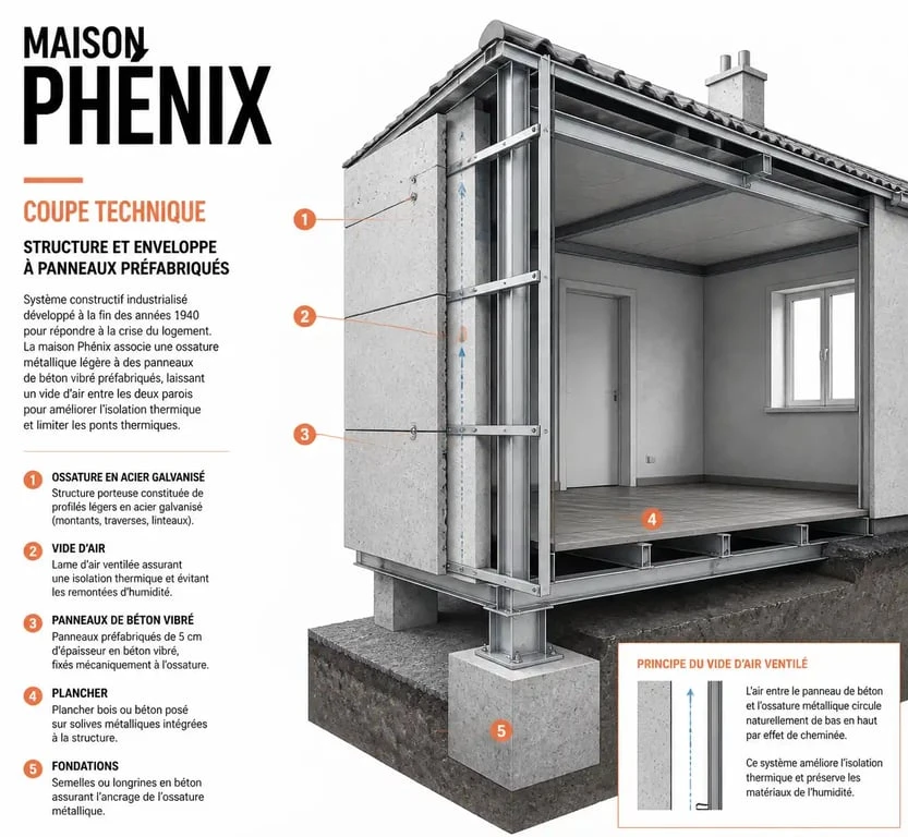 Schéma de la structure d'une maison Phénix avec ossature métallique et panneaux de béton