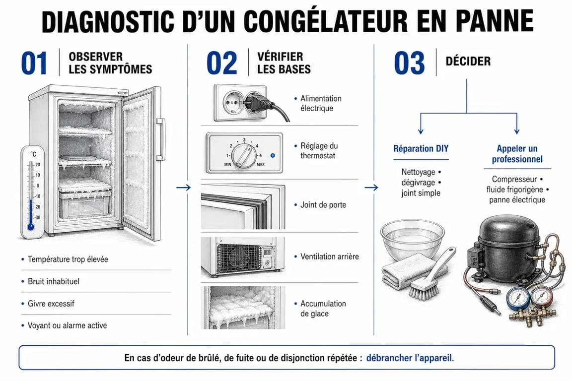 Diagnostic et réparation congélateur : guide des étapes pour identifier une panne et choisir entre réparation soi-même ou professionnel.