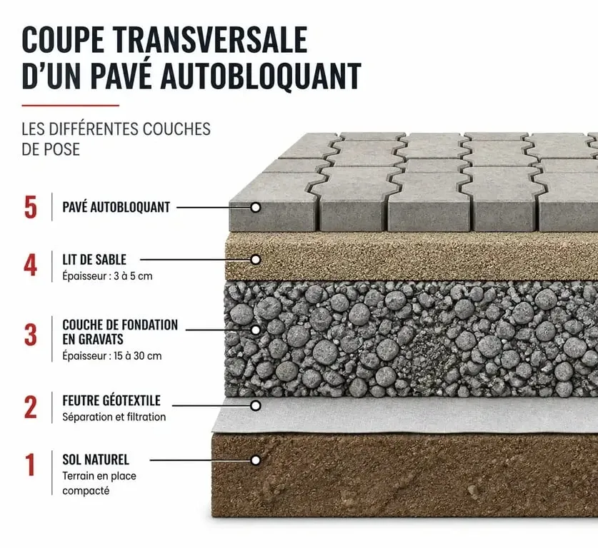 Coupe transversale des étapes de pose d'un pavé autobloquant
