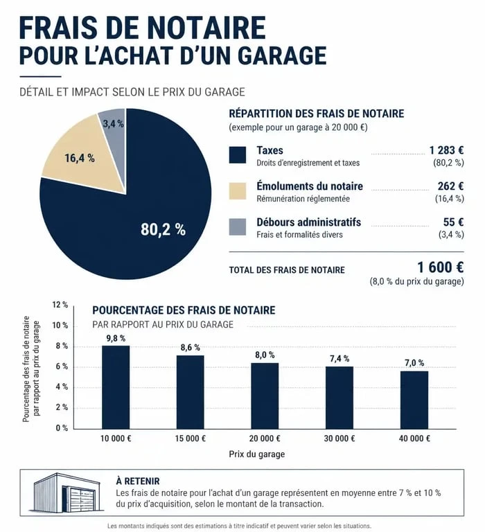Infographie illustrant la composition des frais de notaire pour l'achat d'un garage et l'impact du prix sur le pourcentage total