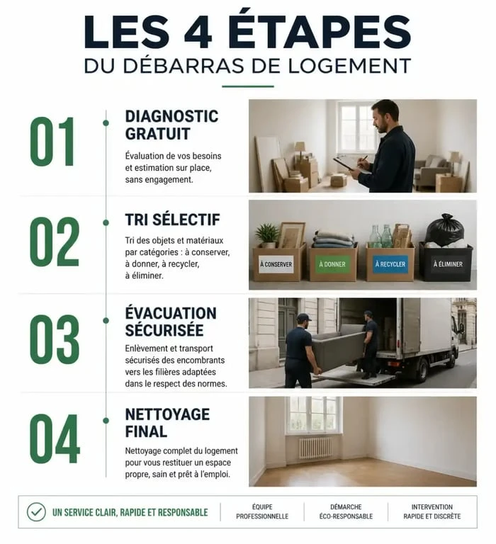 Étapes d'un service de débarras professionnel à Strasbourg : diagnostic, tri, évacuation et nettoyage.