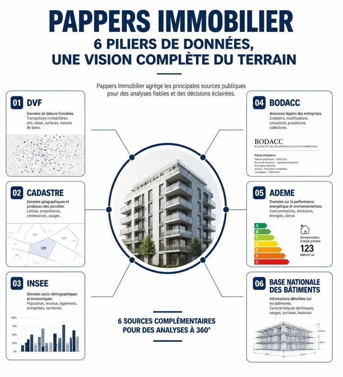 Infographie des sources de données de Pappers Immobilier pour l'analyse immobilière