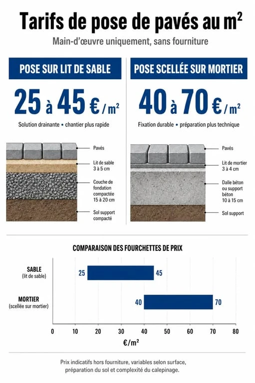 Tableau comparatif des prix de pose de pavés au m2 sans fourniture selon la technique