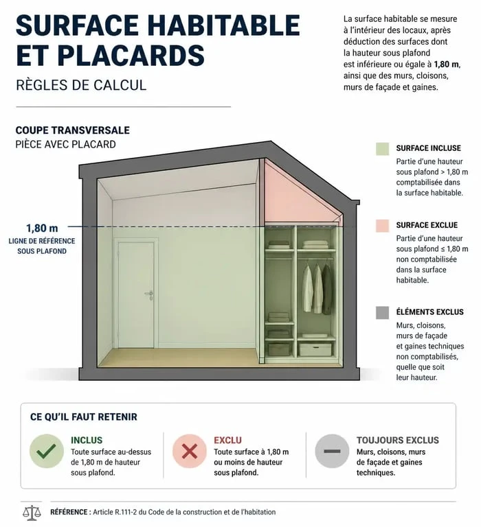Infographie explicative des règles de calcul de la surface habitable et des placards selon la loi Boutin