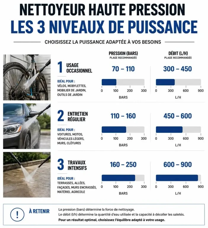 Infographie comparative des puissances recommandées pour un nettoyeur haute pression Karcher selon l'usage