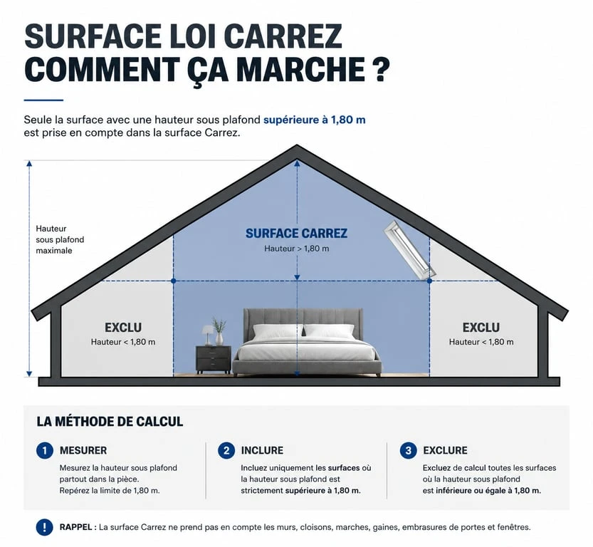 Schéma explicatif de la méthode de calcul de la surface loi Carrez pour une chambre avec hauteur sous plafond