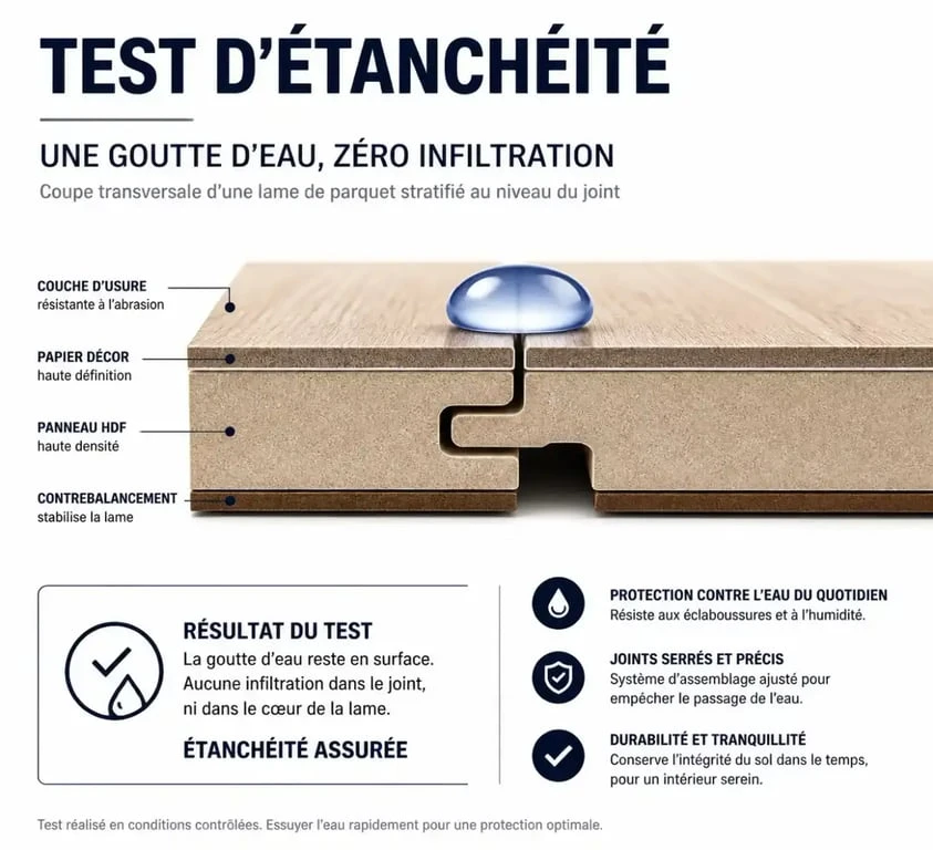 Schéma illustrant le test de la goutte d'eau pour vérifier si un parquet stratifié supporte un nettoyeur vapeur