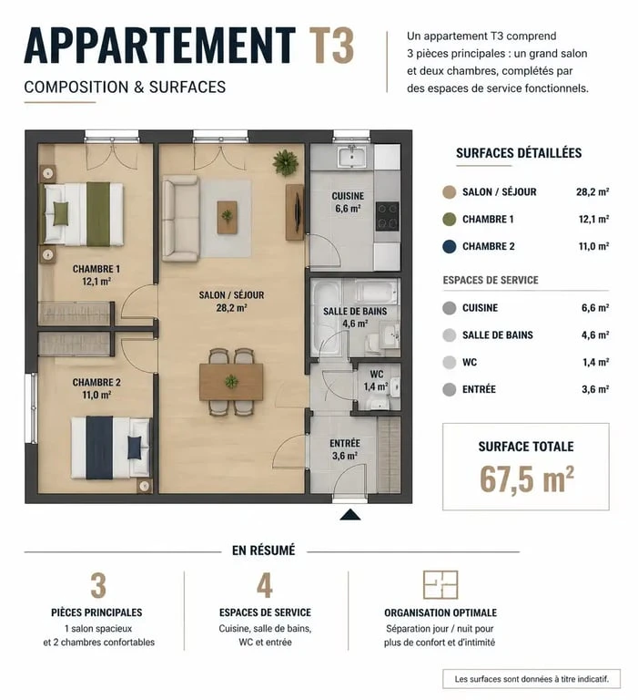 Schéma explicatif de la composition d'un appartement T3 avec salon et deux chambres