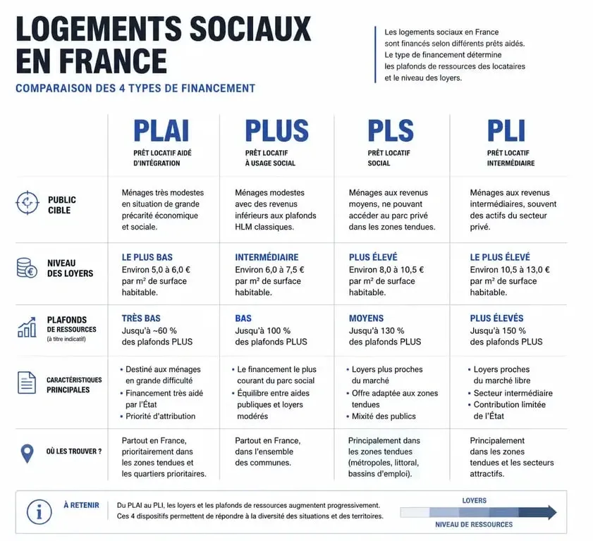 Infographie comparative des types de logements sociaux HLM : PLAI, PLUS, PLS, PLI