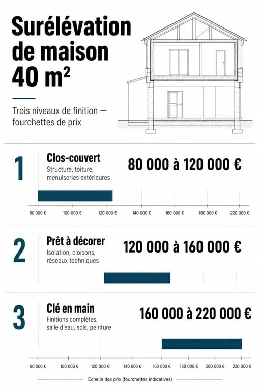 Infographie des prix d'une surélévation de maison de 40m2 selon le niveau de finition