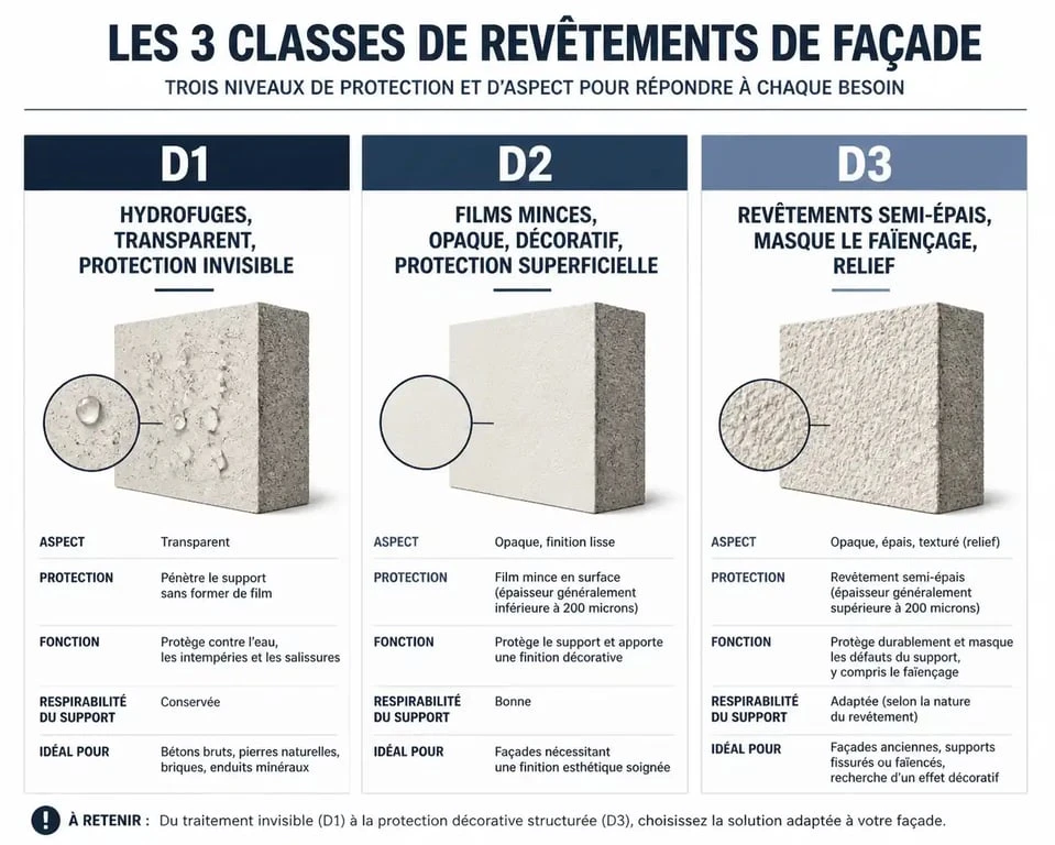 Infographie comparative des classes de revêtements de façade D1, D2 et D3 pour le choix d'une peinture de classe d2