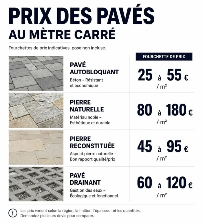 Tableau comparatif des prix au m2 pour la pose de pavés selon le matériau