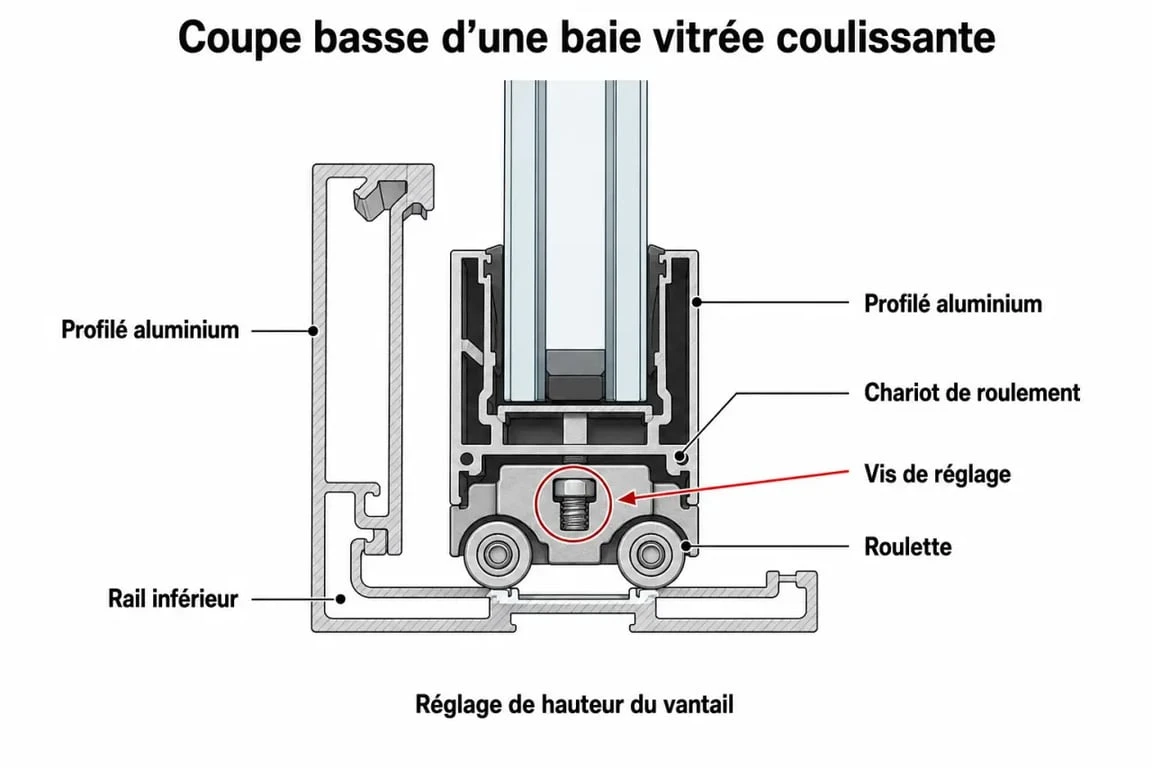 Schéma technique pour le réglage d'une baie coulissante aluminium