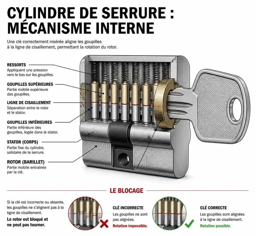 Schéma explicatif du fonctionnement d'une serrure pour comprendre pourquoi une clé est bloquée dans la serrure