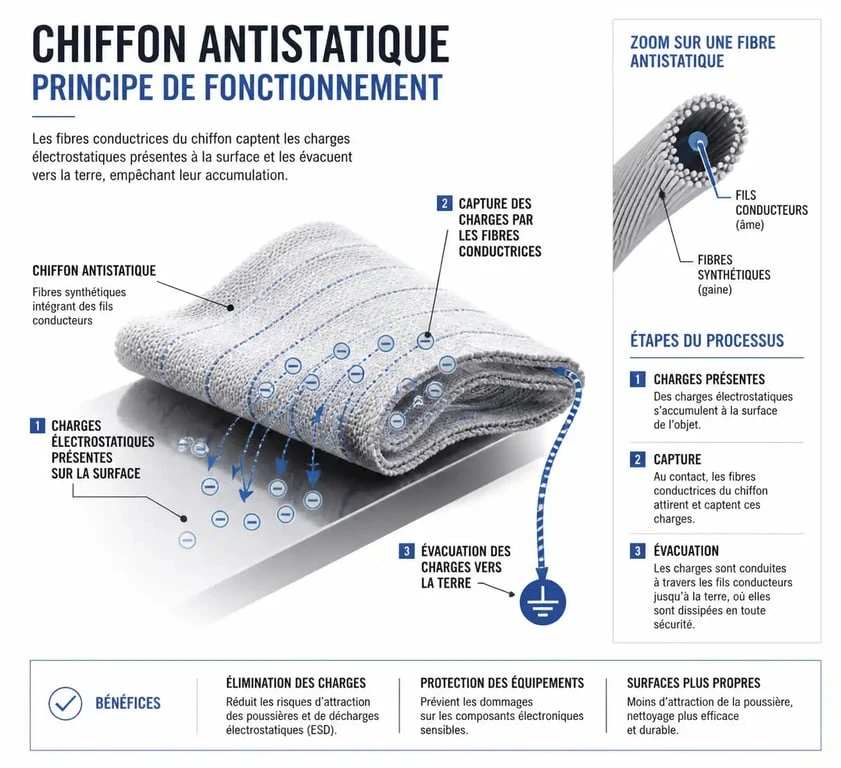 Schéma explicatif du fonctionnement d'un chiffon antistatique sur une surface électronique
