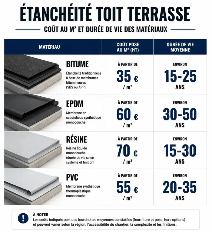 Comparatif des prix au m2 et durée de vie pour l'étanchéité toit terrasse