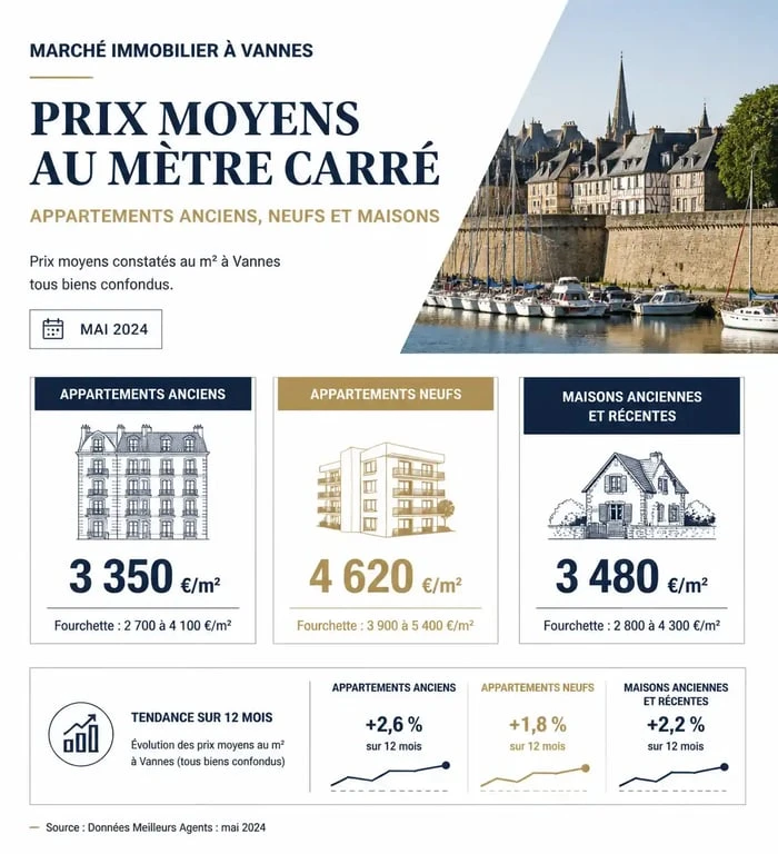Infographie des prix immobiliers au mètre carré à Vannes par type de bien