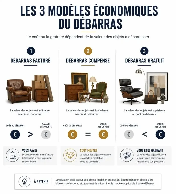 Infographie des trois formules de débarras à Metz : facturé, compensé et gratuit