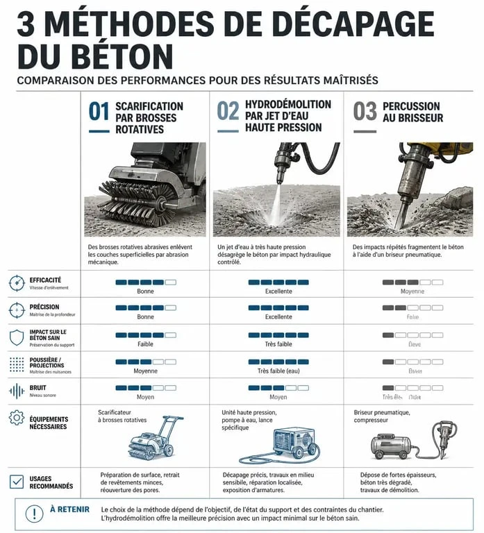 Infographie comparative des méthodes de curage de bâtiment : scarification, hydrodémolition et percussion