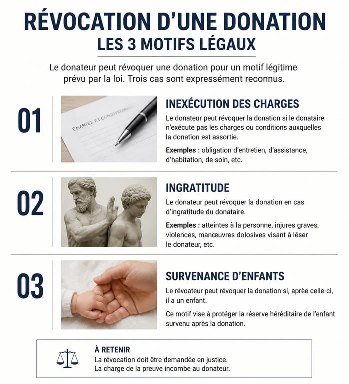 Infographie sur les motifs légaux de révocation d'une donation avec usufruit