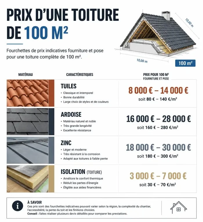 Estimation du prix d'une toiture de 100m2 selon les matériaux et prestations