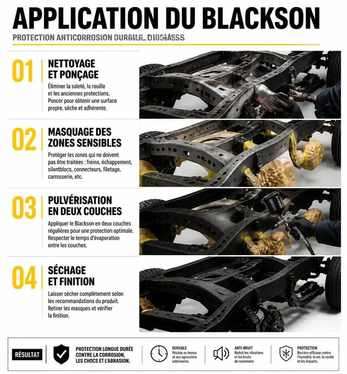 Schéma des étapes d'application du produit de protection anti-gravillon Blackson sur carrosserie