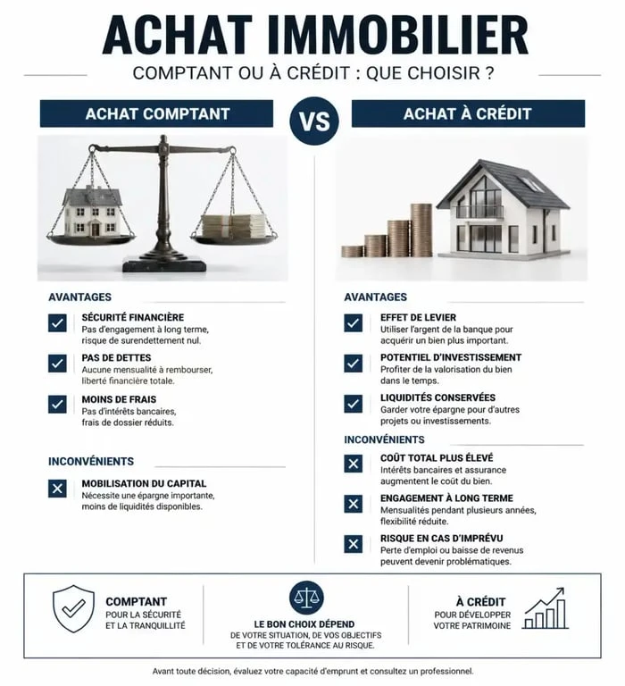 Infographie comparative : achat immobilier comptant vs achat à crédit pour comprendre les enjeux financiers.