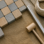 pavé autobloquant pose sur lit de sable avec outils