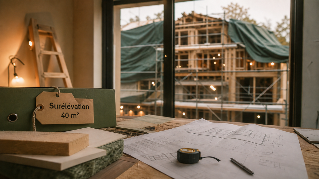 Prix surélévation maison 40m2 : plans et chantier intérieur