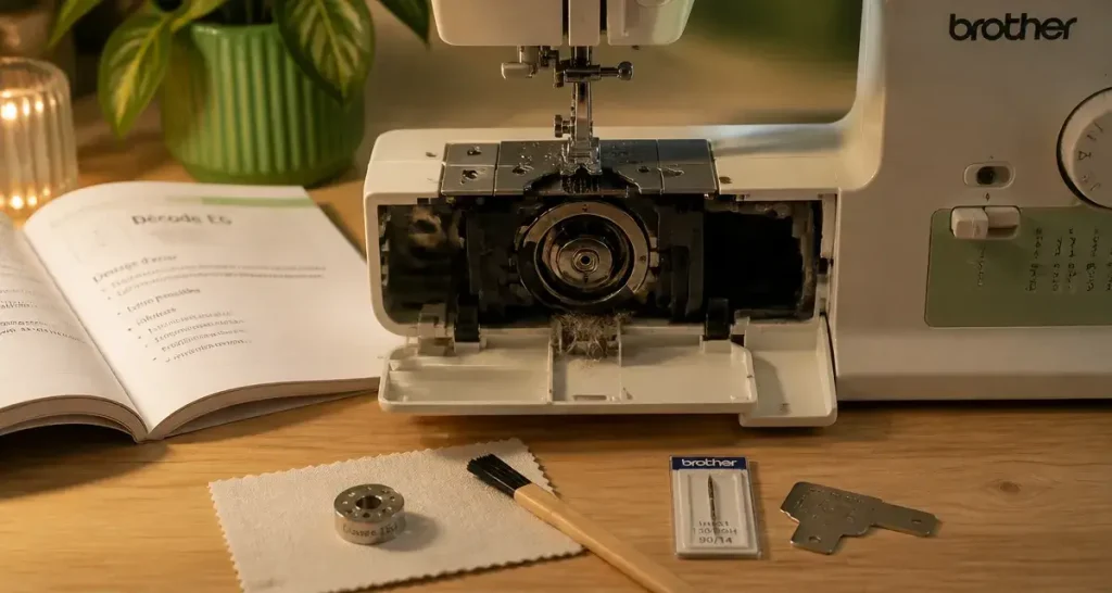 Réparer machine à coudre Brother : crochet et canette, fibres sur les griffes