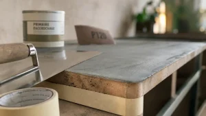 beton cire sur bois sur meuble, surface lissée grise