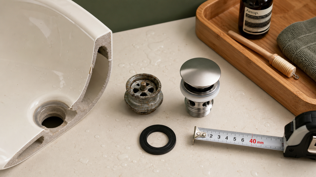 Bouchon lavabo 40 mm avec joint, guide pour éviter les fuites