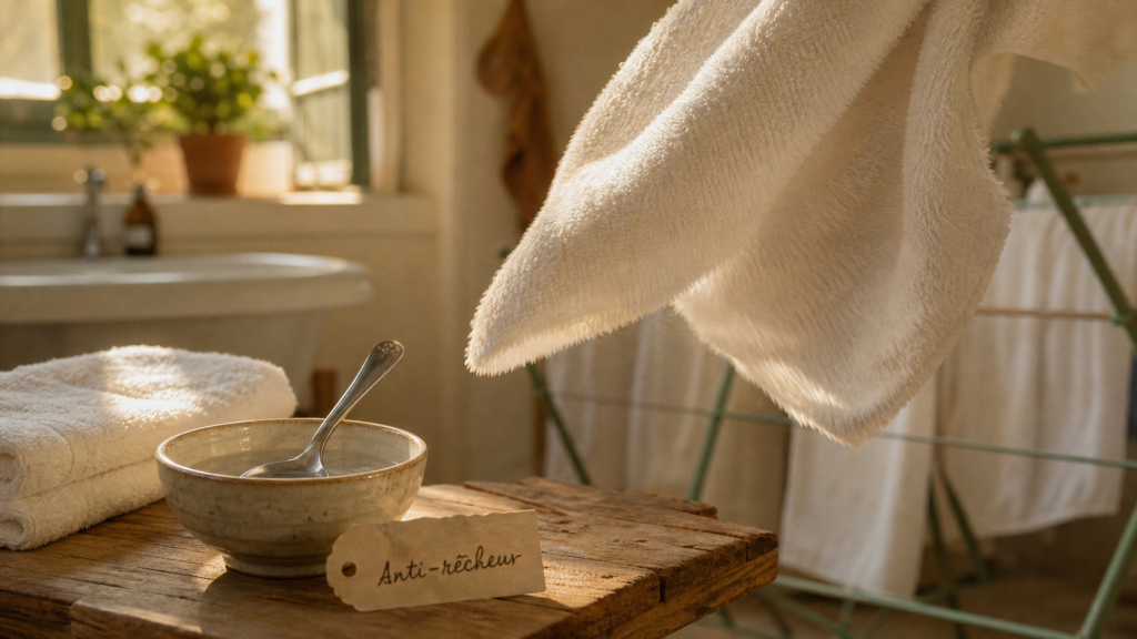 Comment avoir des serviettes de toilette moelleuse sans sèche-linge : serviettes éponge, vinaigre blanc, séchage à 40°C