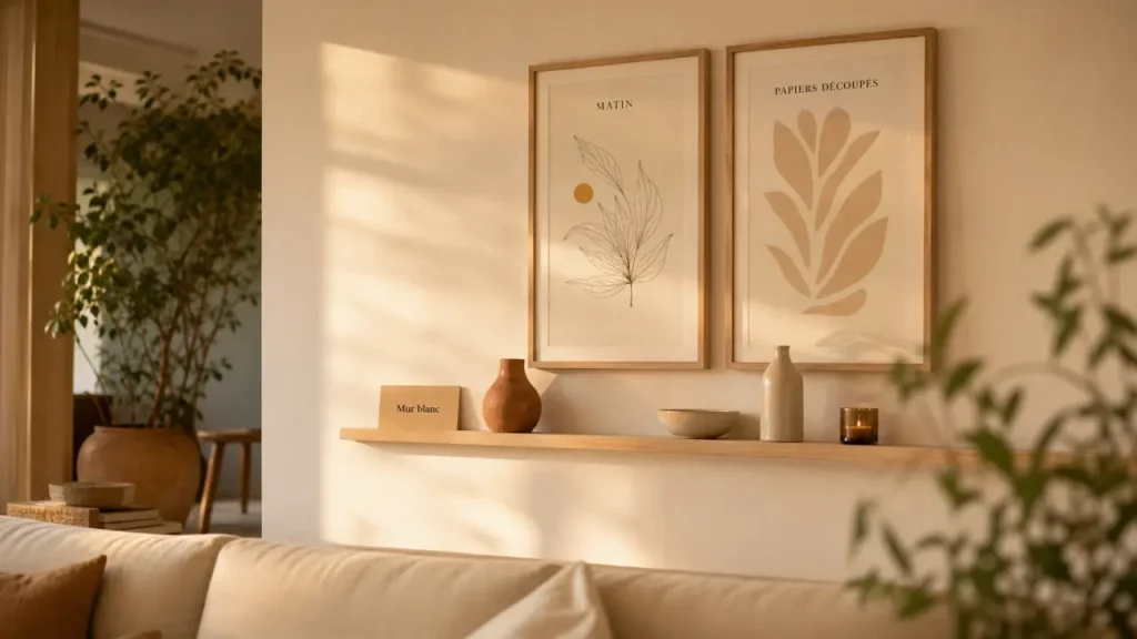Décorer un mur blanc : grand cadre minimaliste et étagère flottante