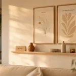Décorer un mur blanc : grand cadre minimaliste et étagère flottante