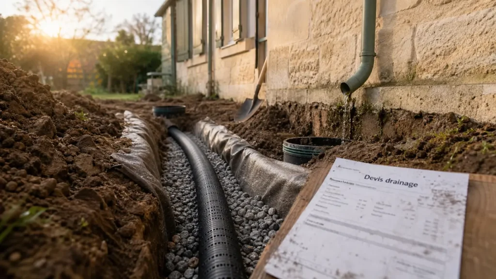 Devis travaux drainage : tranchée drainante près des fondations