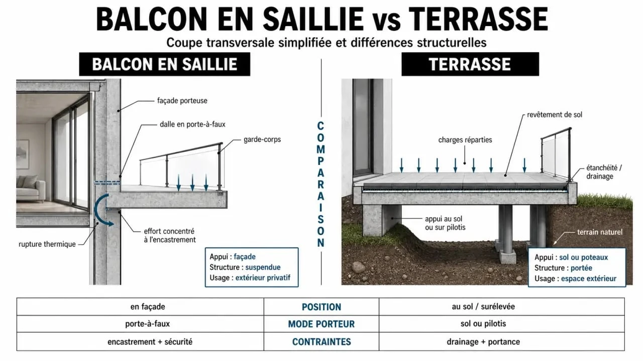 Schéma comparatif illustrant la différence entre un balcon et une terrasse pour comprendre la structure de chaque espace extérieur.