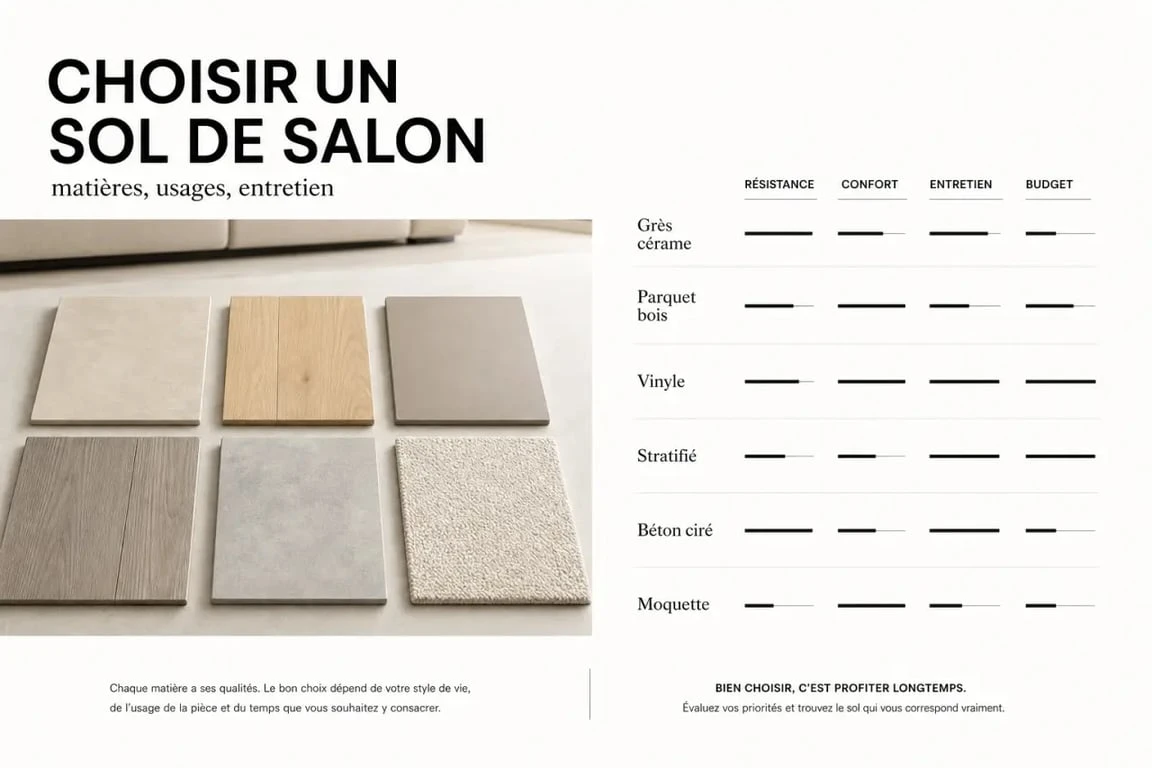Comparatif visuel des options de sol salon pour choisir entre carrelage, parquet, vinyle, stratifié, béton ciré et moquette