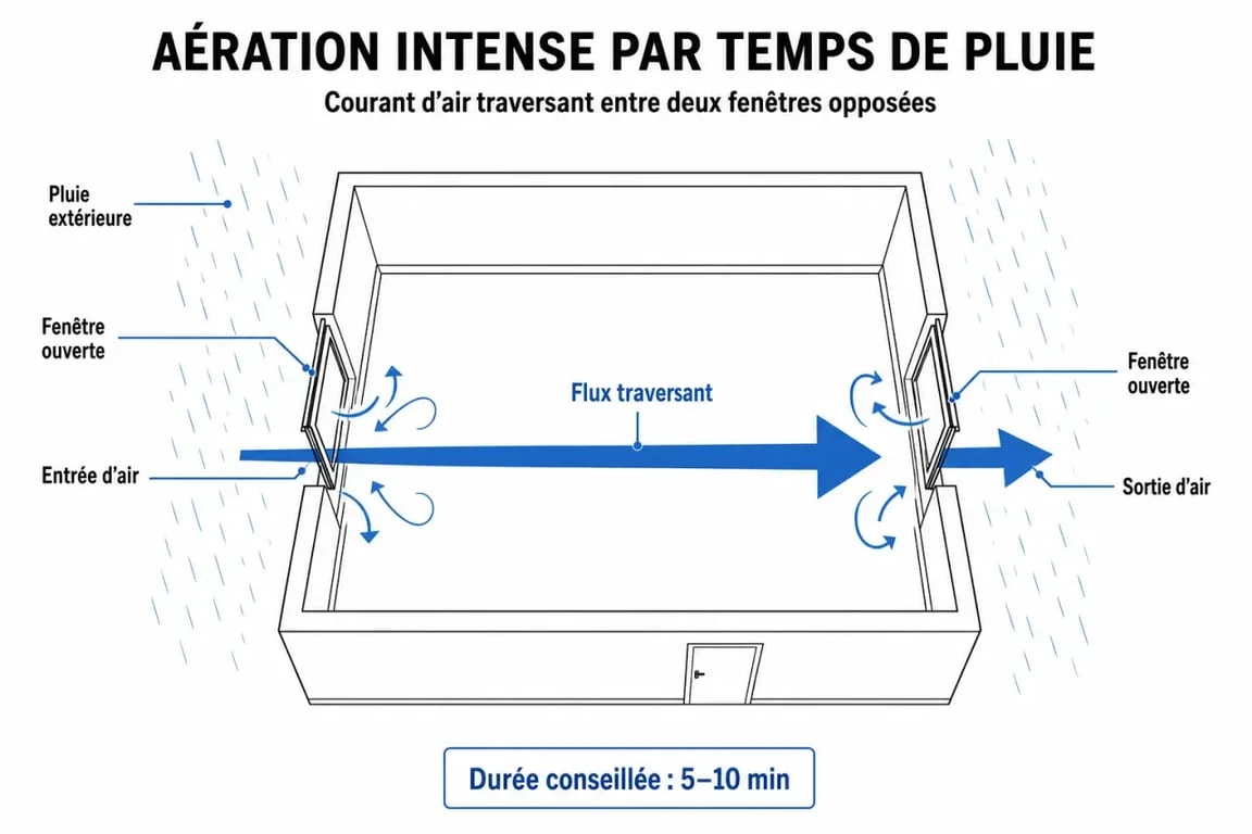 Schéma illustrant la méthode d'aération efficace par temps de pluie pour renouveler l'air intérieur