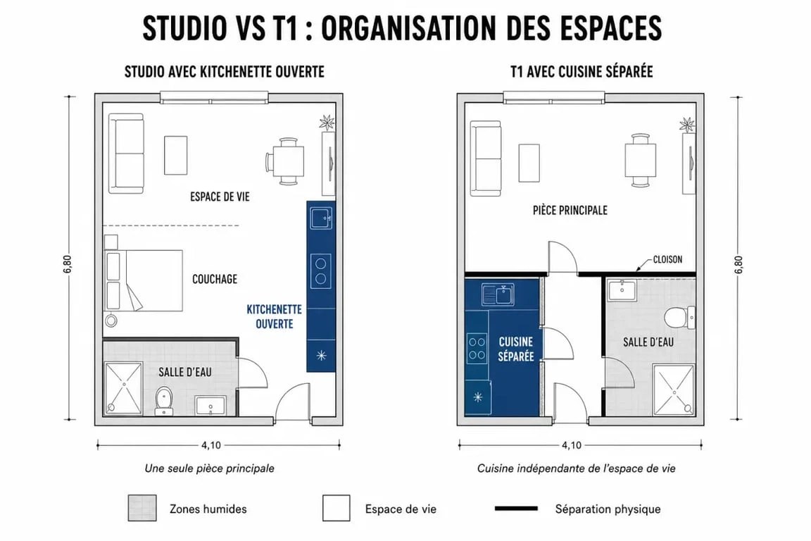 Comparatif visuel entre un studio et un T1 pour comprendre les différences d'aménagement.