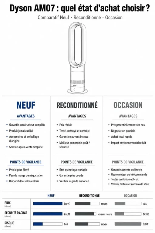 Comparatif des options d'achat pour un ventilateur Dyson AM07 au meilleur prix : neuf, reconditionné ou occasion.