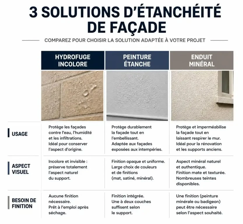 Tableau comparatif des solutions d'étanchéité façade pour choisir le traitement adapté