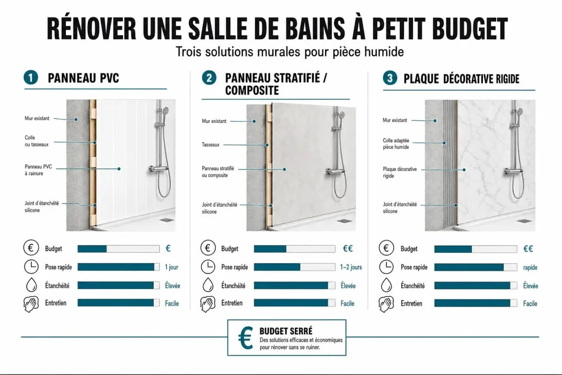 Panneaux d'habillage pour rénover sa salle de bains pas cher : comparaison visuelle des matériaux et de leurs avantages