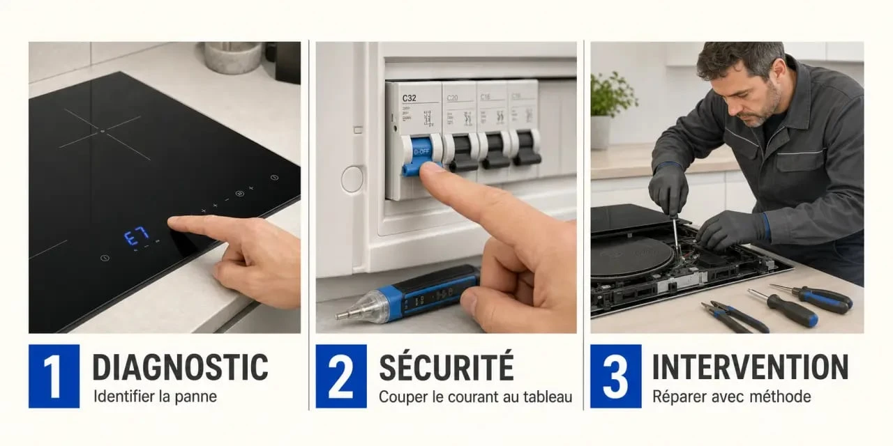 Réparation plaque induction : diagnostic, coupure de sécurité et intervention d’un technicien